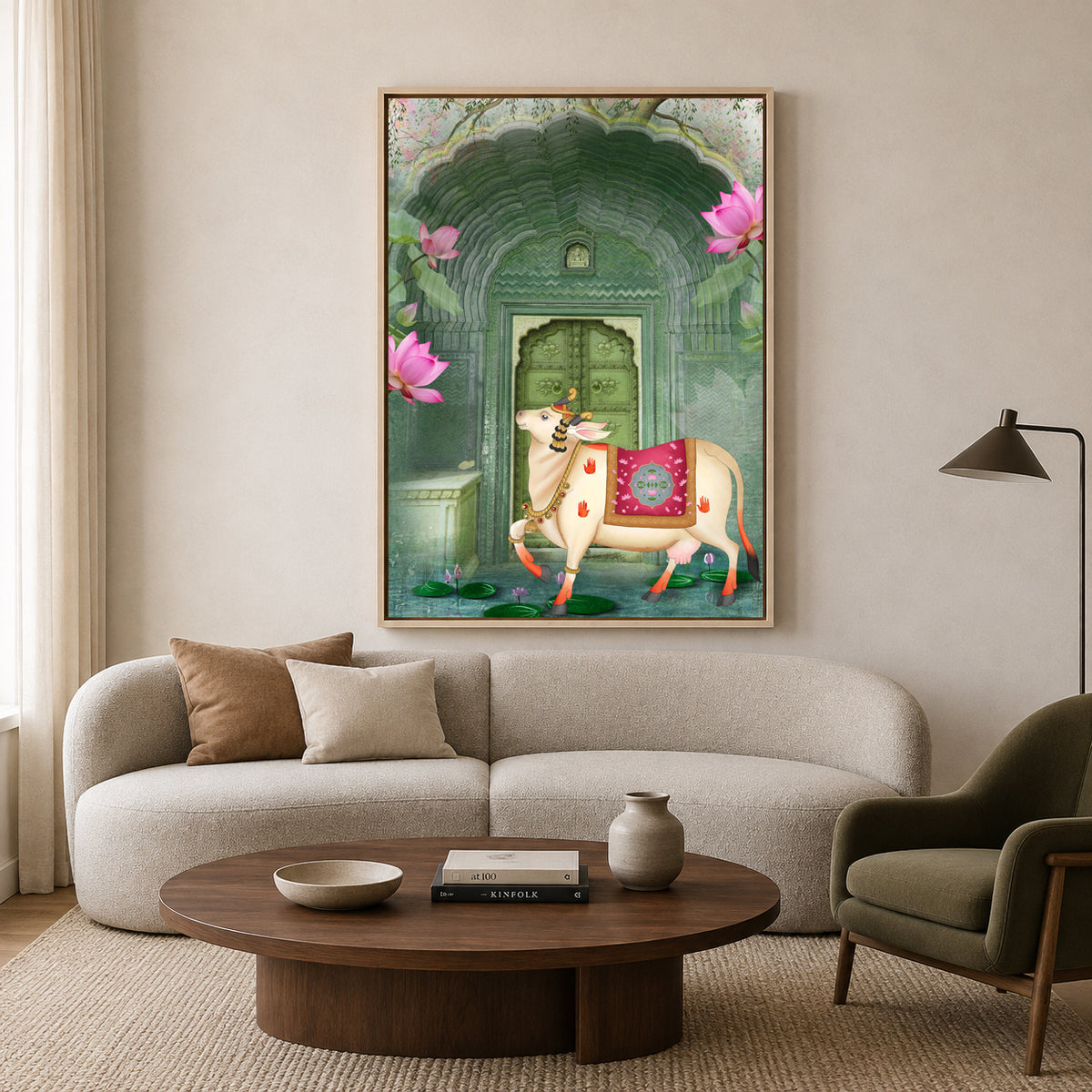 Pichwai Wall Art Painting – Sacred Cow Temple Lotus Heritage Canvas Wall Art