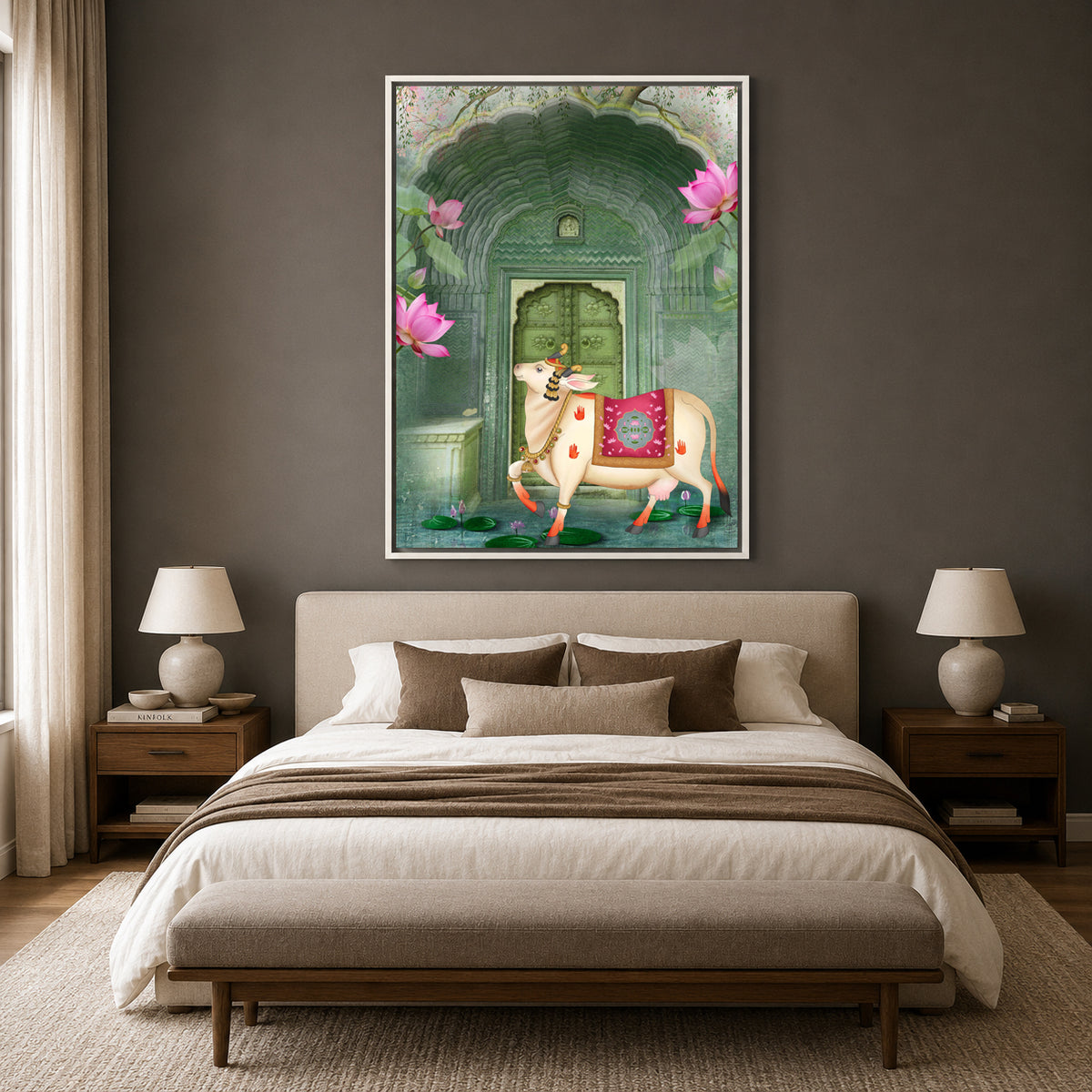 Pichwai Wall Art Painting – Sacred Cow Temple Lotus Heritage Canvas Wall Art