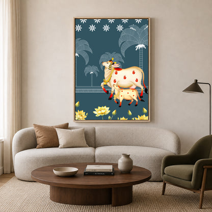 Pichwai Wall Art Painting – Sacred Cow & Lotus Nightscape Canvas Wall Art