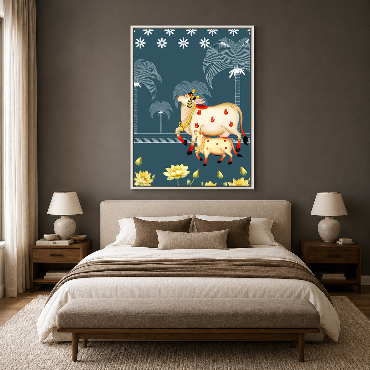 Pichwai Wall Art Painting – Sacred Cow & Lotus Nightscape Canvas Wall Art