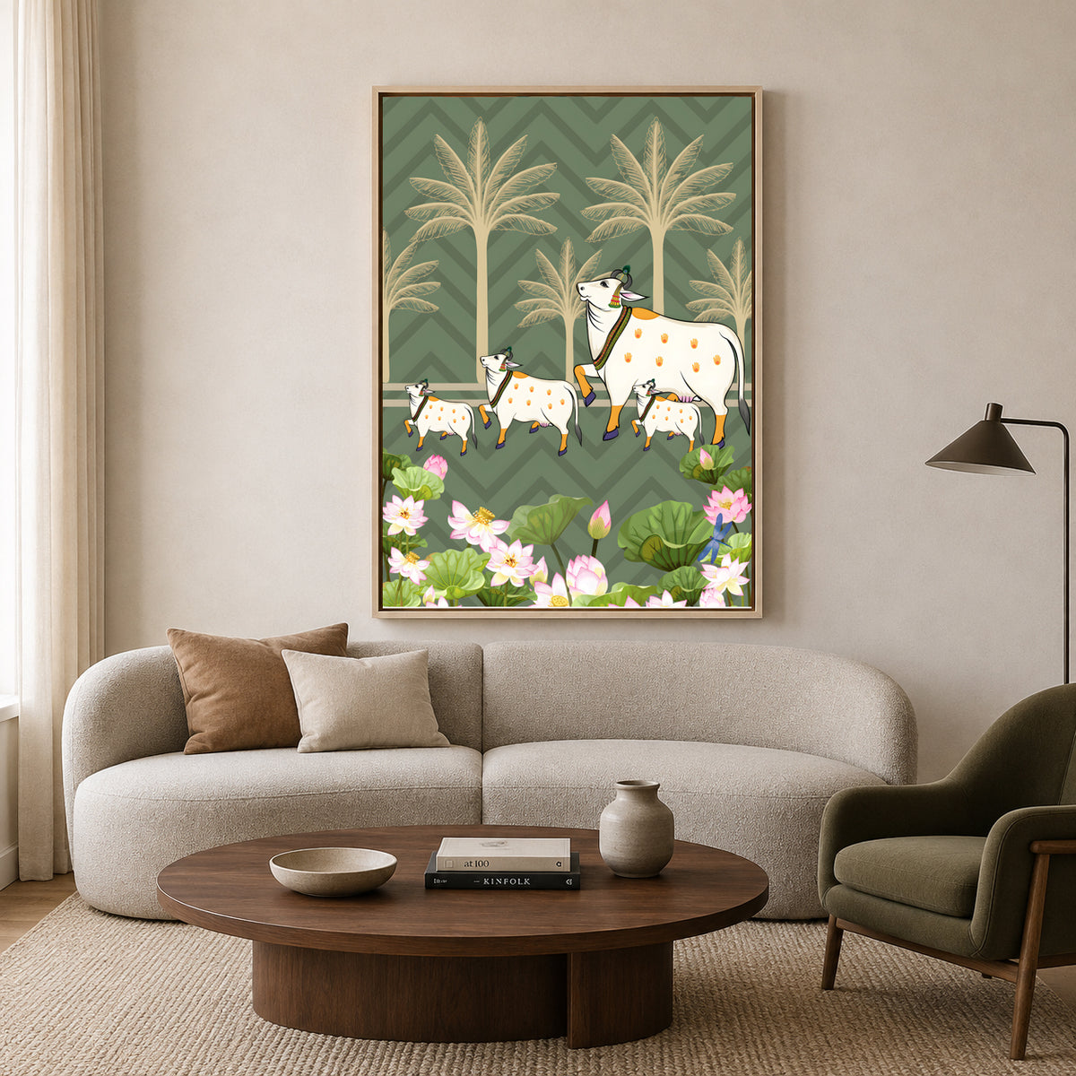 Pichwai Wall Art Painting – Pastoral Sacred Cow & Lotus Garden Canvas Wall Art