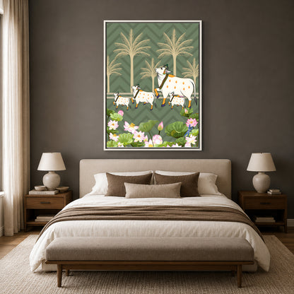 Pichwai Wall Art Painting – Pastoral Sacred Cow & Lotus Garden Canvas Wall Art