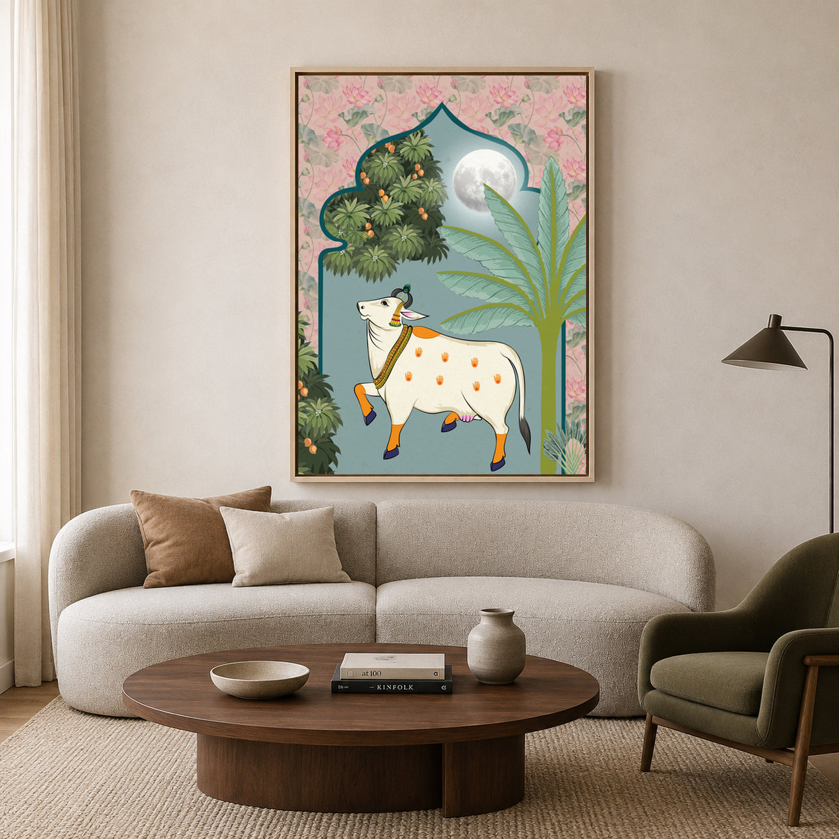Pichwai Wall Art Painting – Moonlight Sacred Cow Floral Heritage Canvas Wall Art