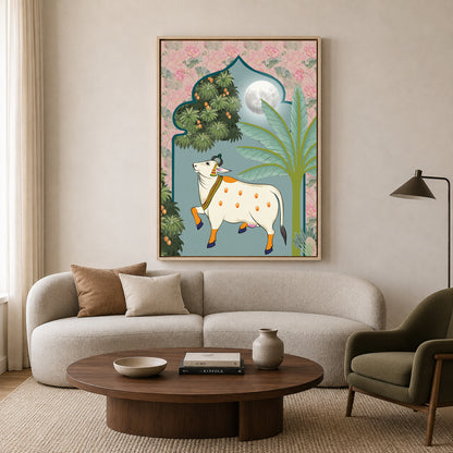 Pichwai Wall Art Painting – Moonlight Sacred Cow Floral Heritage Canvas Wall Art