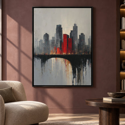 Modern City Skyline Canvas Art with Red Architectural Accents