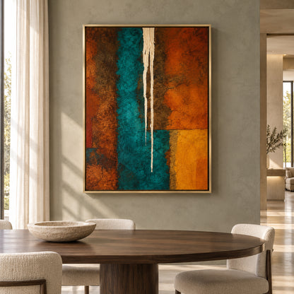 Teal and Burnt Orange Abstract Canvas Art with Geometric Forms