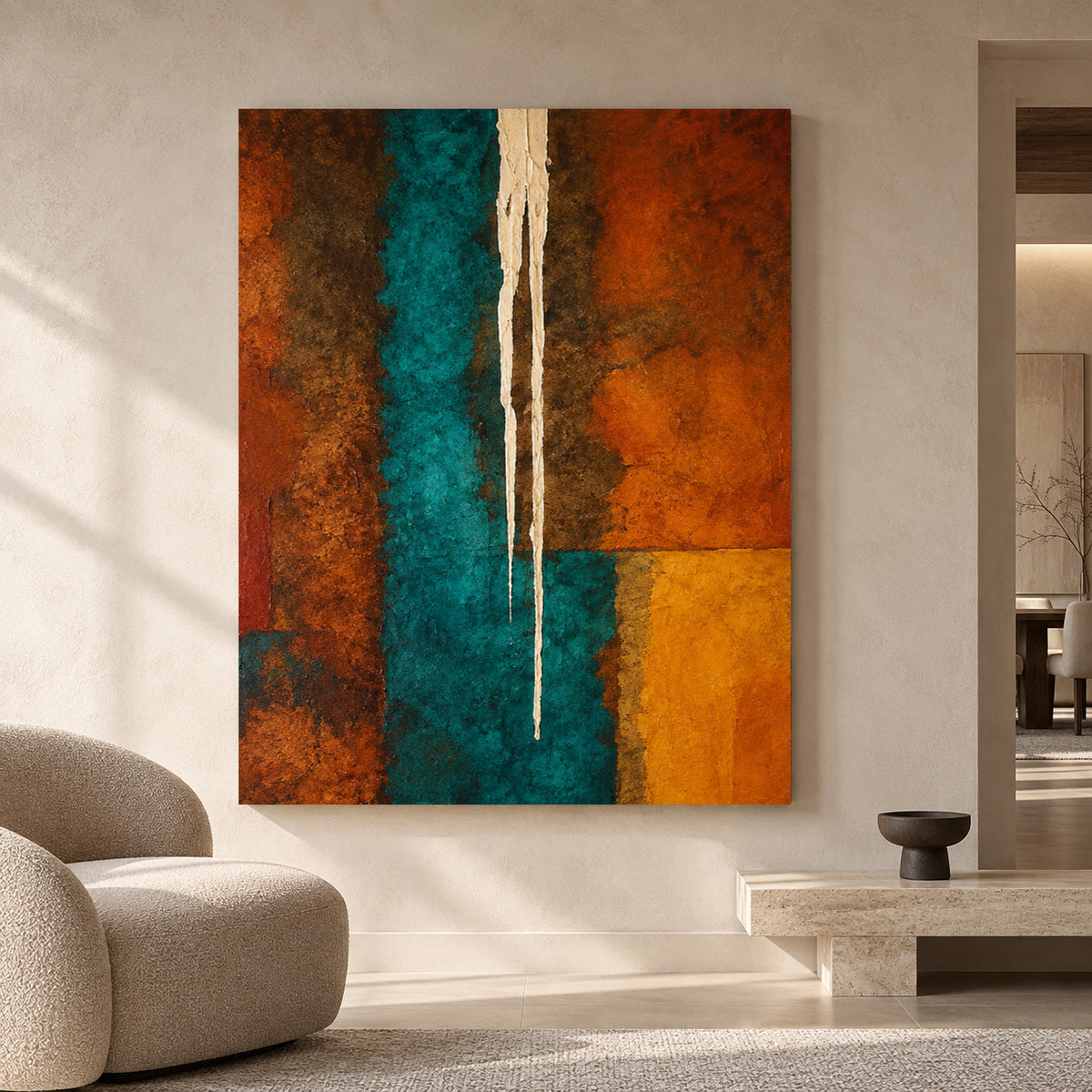 Teal and Burnt Orange Abstract Canvas Art with Geometric Forms