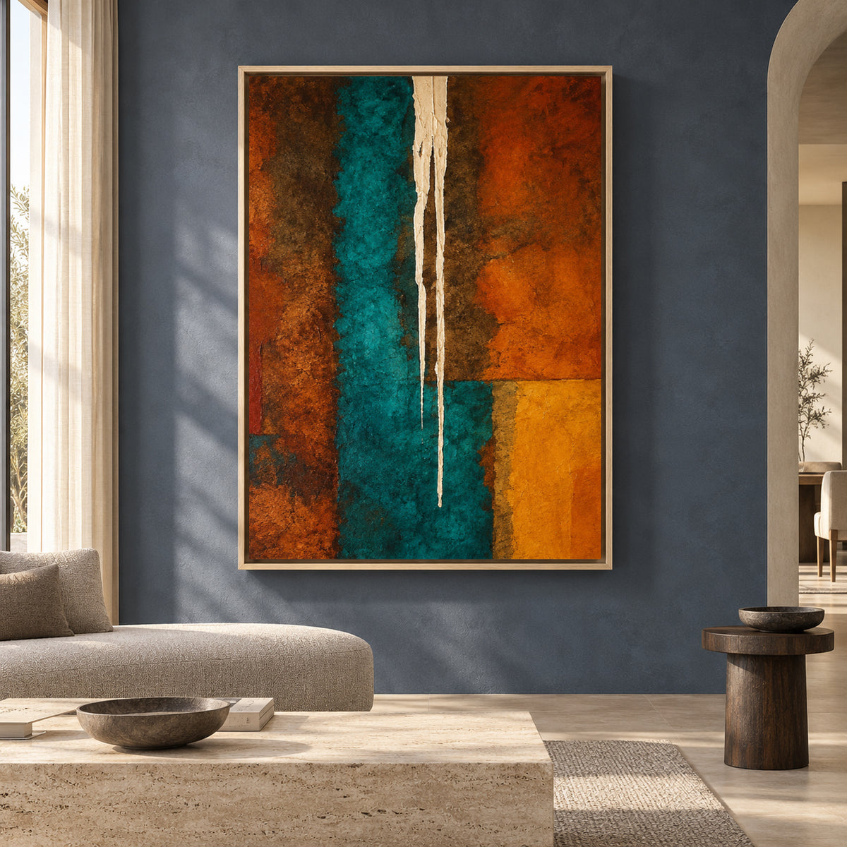 Teal and Burnt Orange Abstract Canvas Art with Geometric Forms