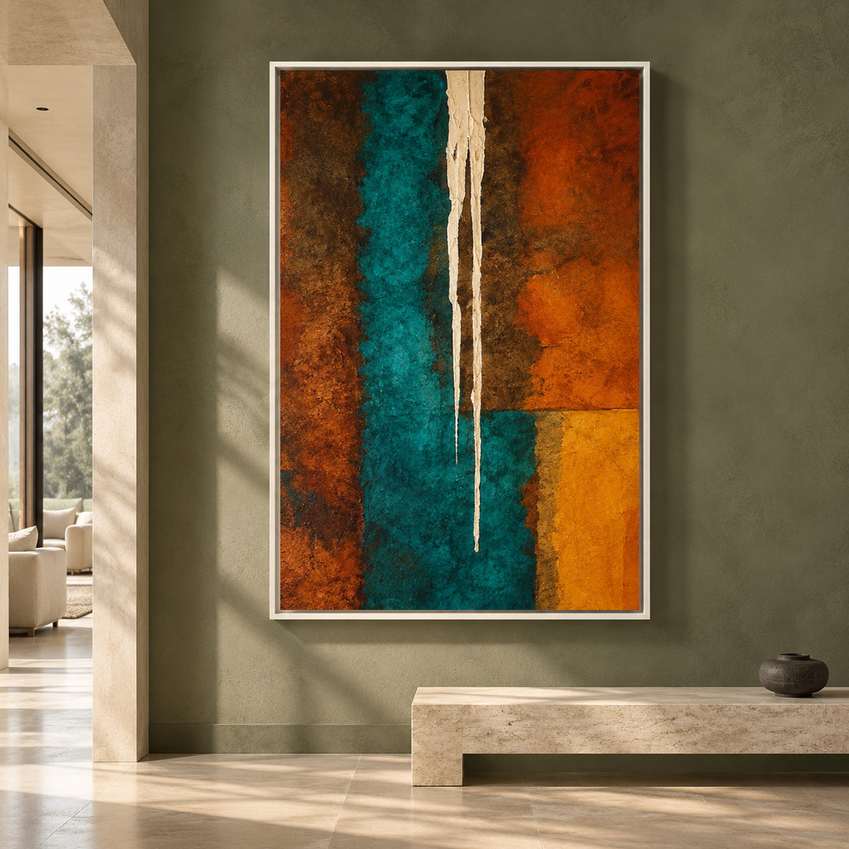 Teal and Burnt Orange Abstract Canvas Art with Geometric Forms