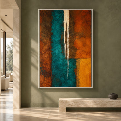 Teal and Burnt Orange Abstract Canvas Art with Geometric Forms