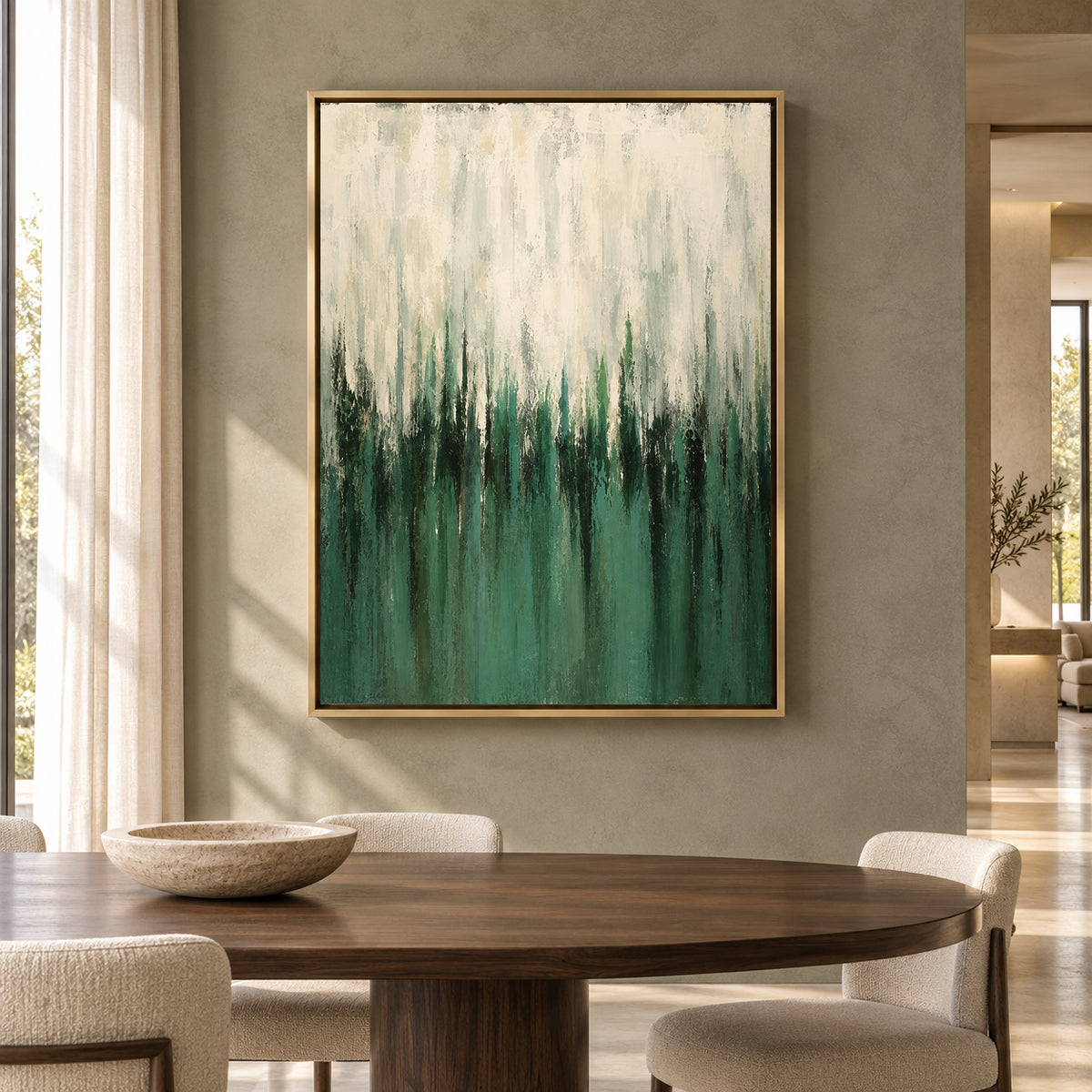 Emerald Green Abstract Canvas Art with Ivory Layers