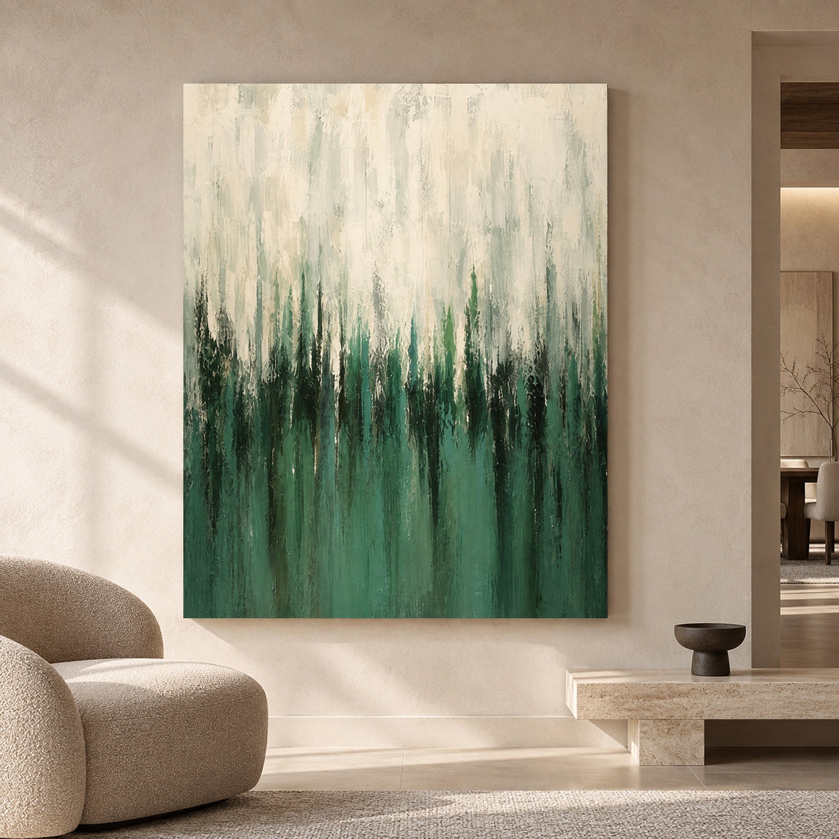 Emerald Green Abstract Canvas Art with Ivory Layers