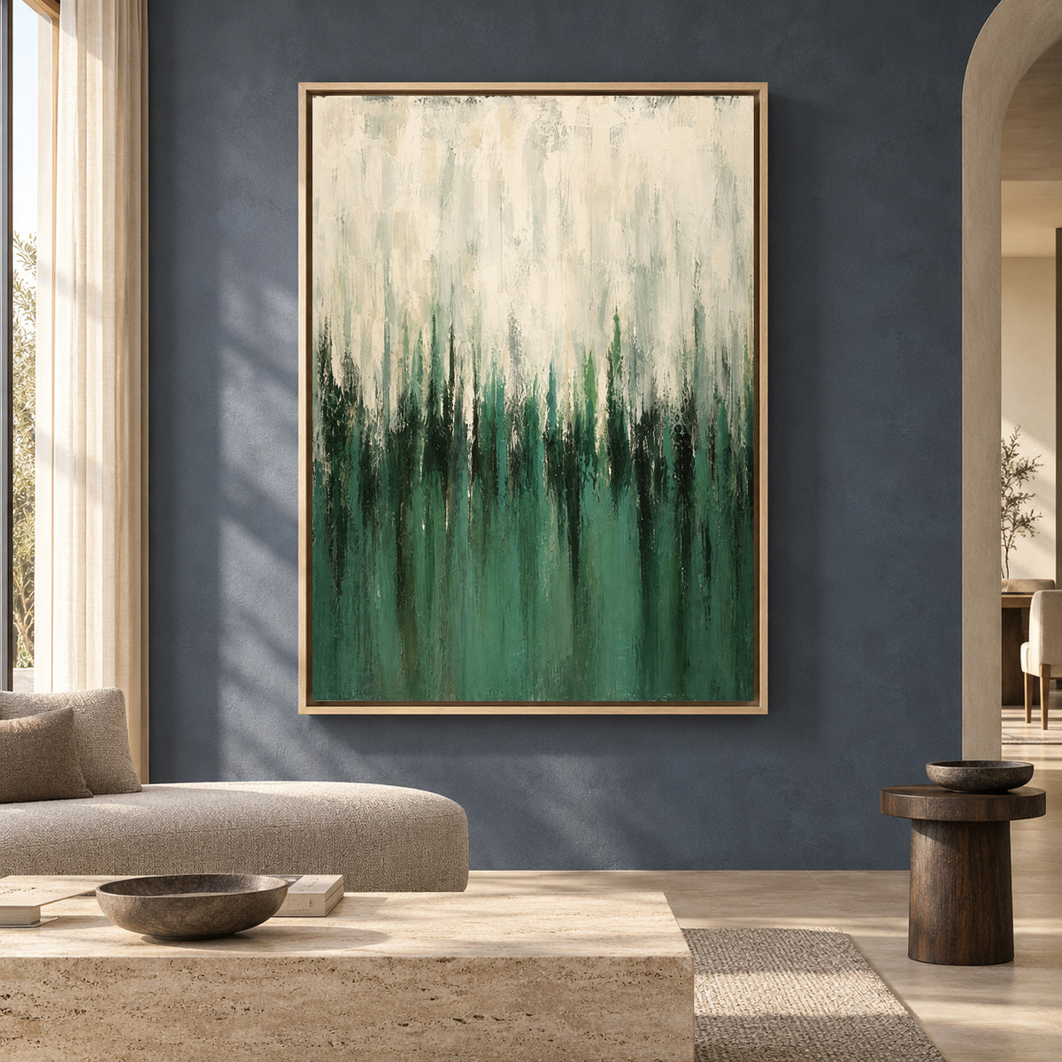 Emerald Green Abstract Canvas Art with Ivory Layers