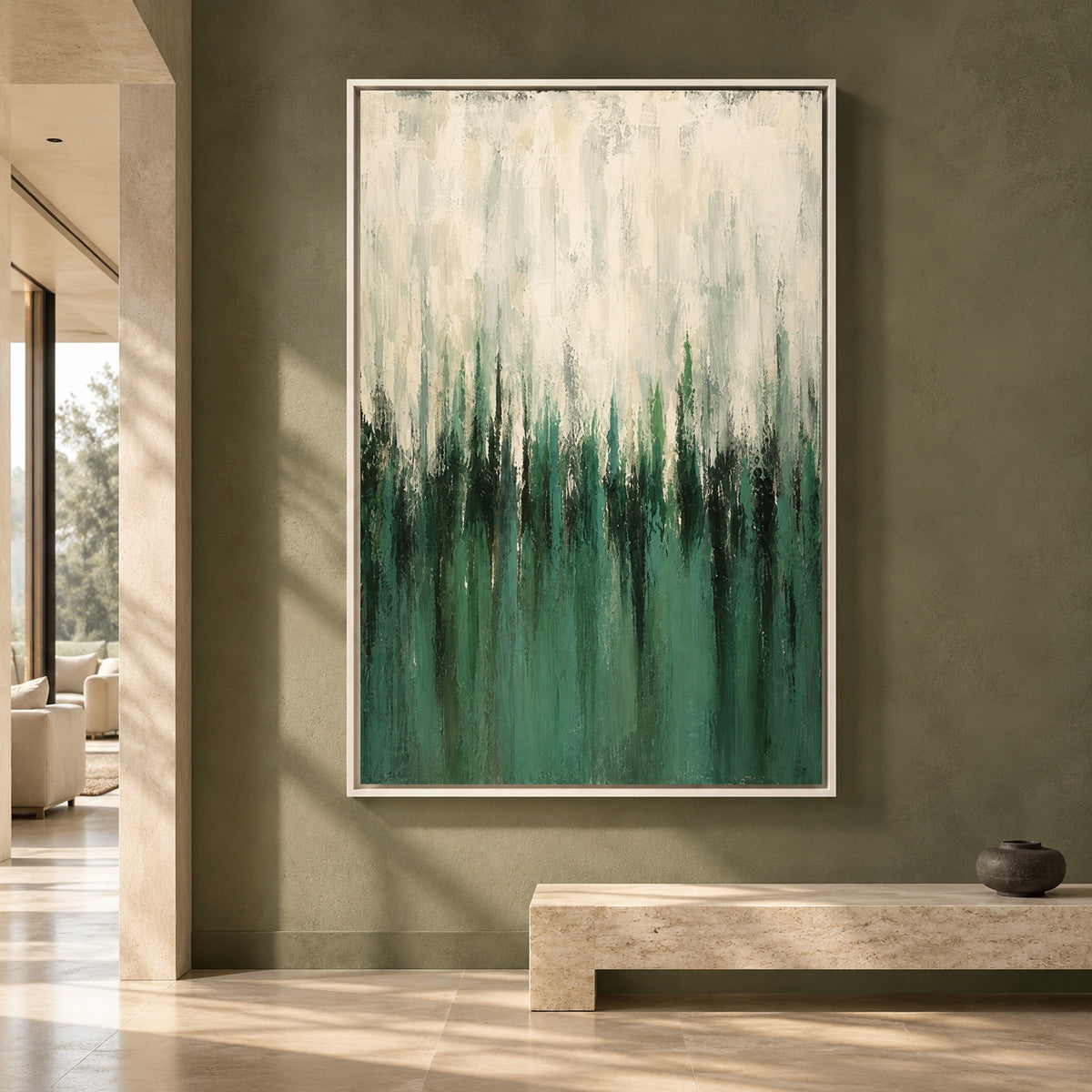 Emerald Green Abstract Canvas Art with Ivory Layers