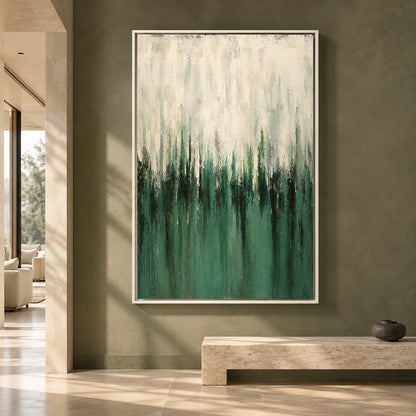 Emerald Green Abstract Canvas Art with Ivory Layers