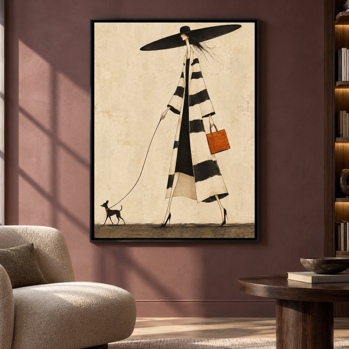 Chic Woman Walking Dog Fashion Canvas Art for Modern Homes