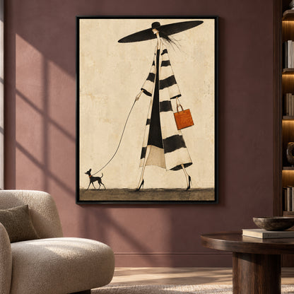 Chic Woman Walking Dog Fashion Canvas Art for Modern Homes