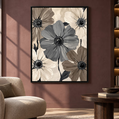 Neutral Floral Canvas Art with Grey and Taupe Flowers