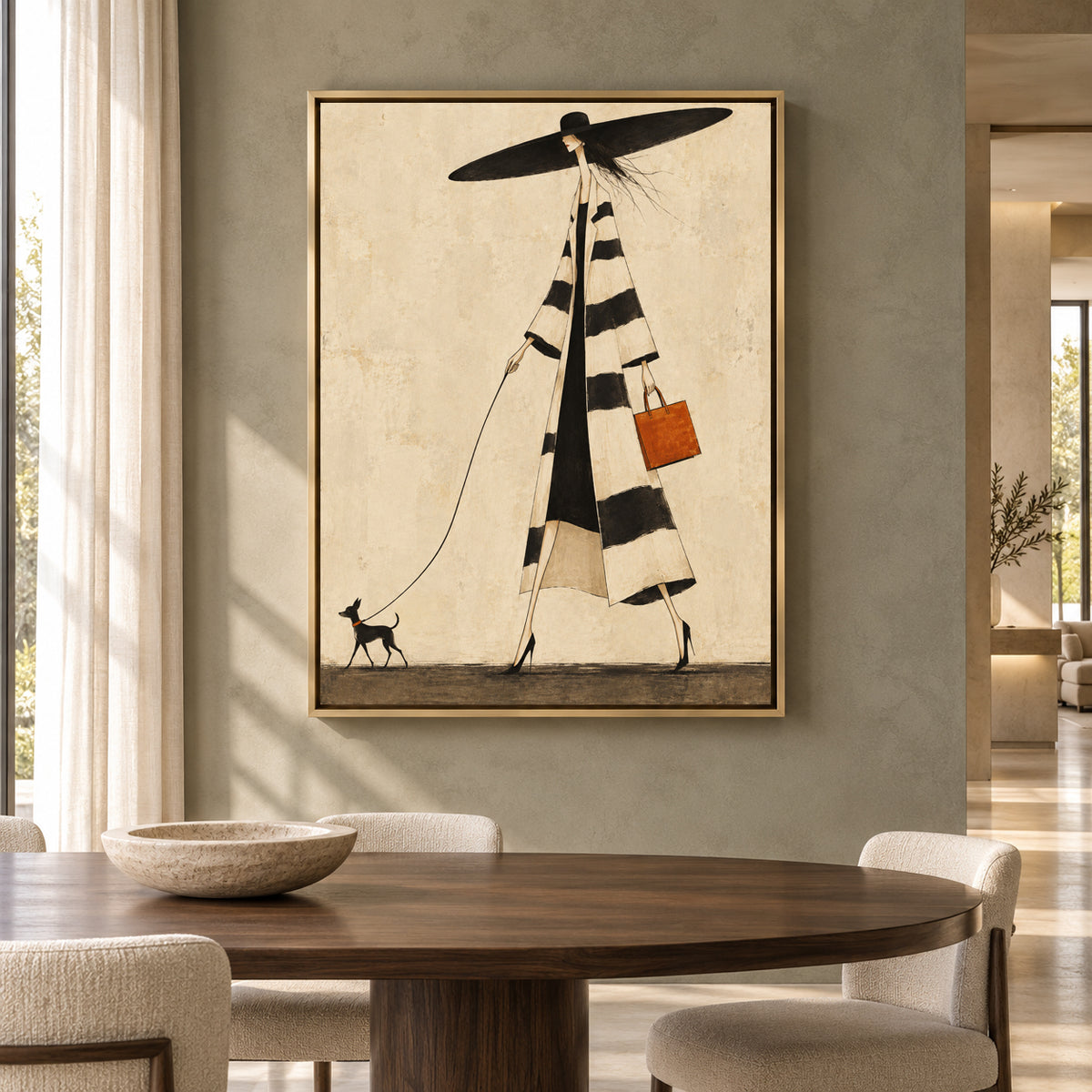 Chic Woman Walking Dog Fashion Canvas Art for Modern Homes