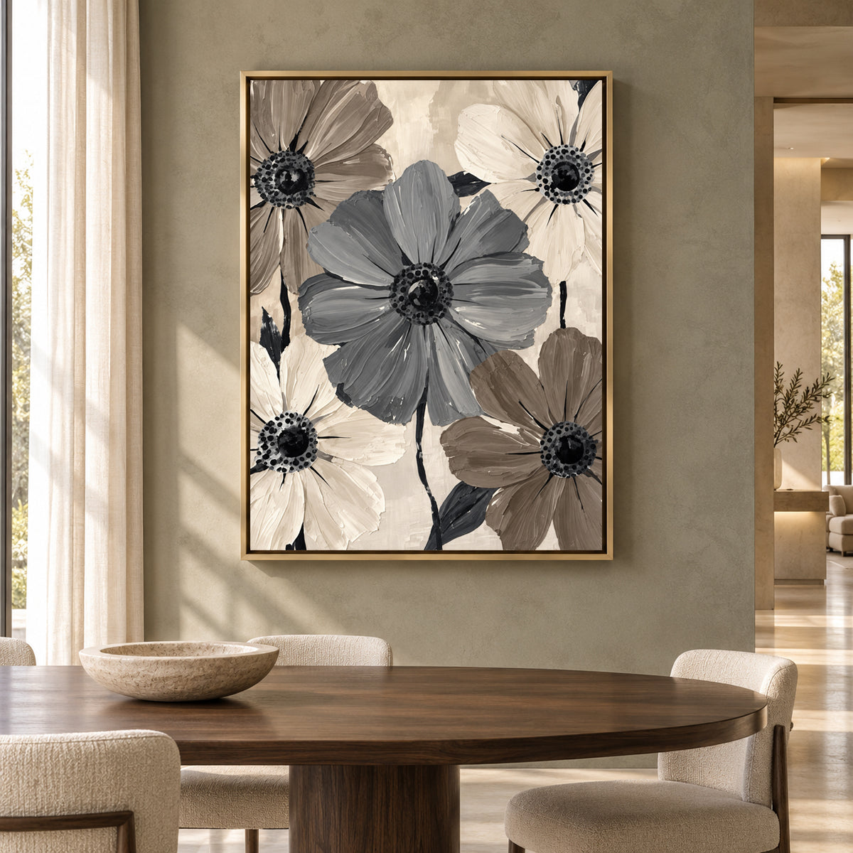 Neutral Floral Canvas Art with Grey and Taupe Flowers