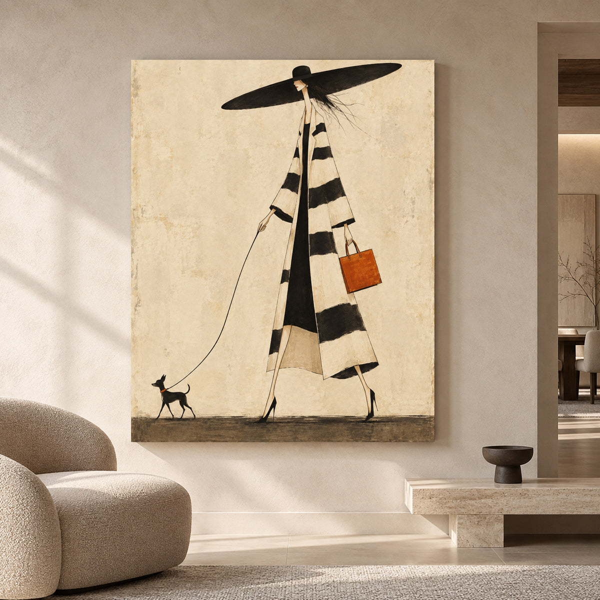 Chic Woman Walking Dog Fashion Canvas Art for Modern Homes