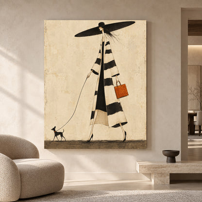 Chic Woman Walking Dog Fashion Canvas Art for Modern Homes