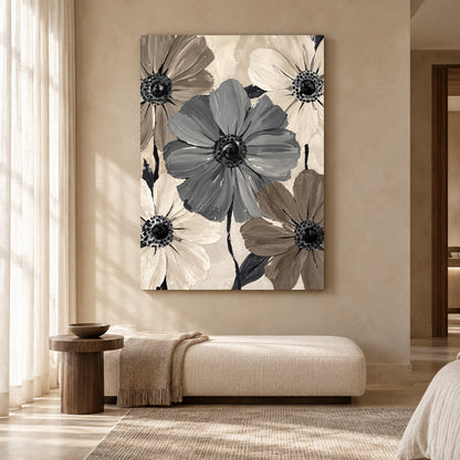 Neutral Floral Canvas Art with Grey and Taupe Flowers