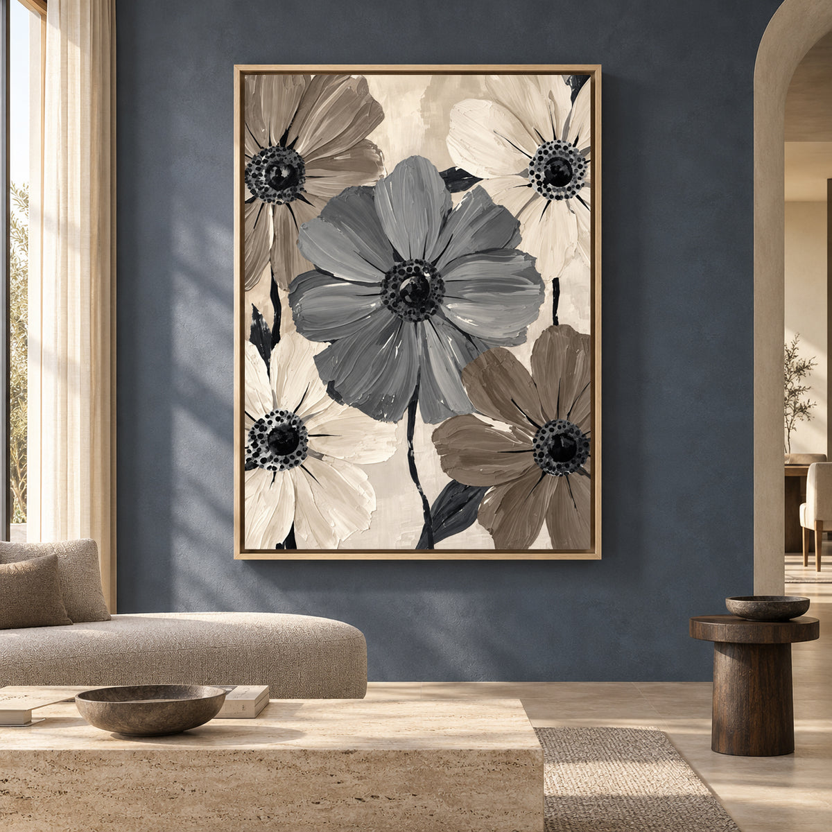 Neutral Floral Canvas Art with Grey and Taupe Flowers