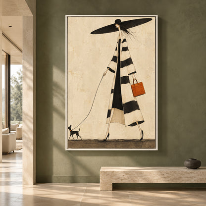 Chic Woman Walking Dog Fashion Canvas Art for Modern Homes