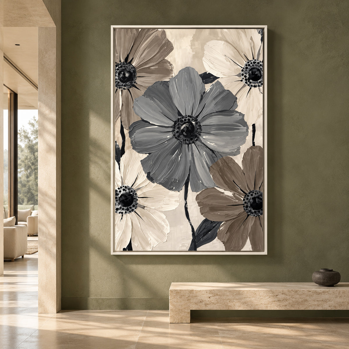 Neutral Floral Canvas Art with Grey and Taupe Flowers