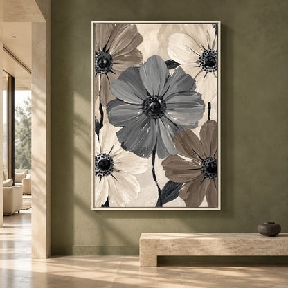 Neutral Floral Canvas Art with Grey and Taupe Flowers