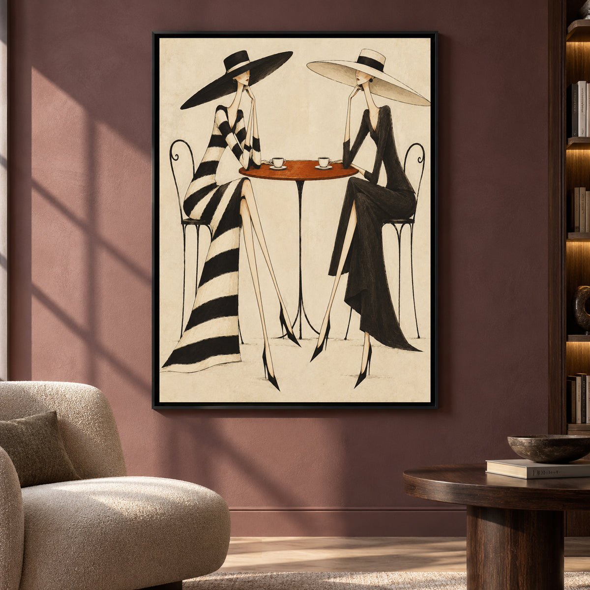 Fashion Cafe Canvas Art with Two Elegant Women in Black and White