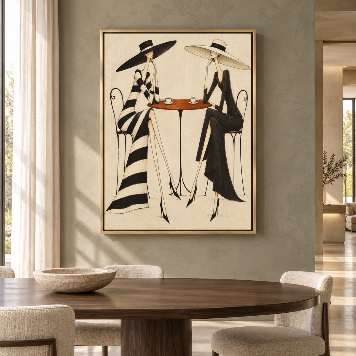 Fashion Cafe Canvas Art with Two Elegant Women in Black and White