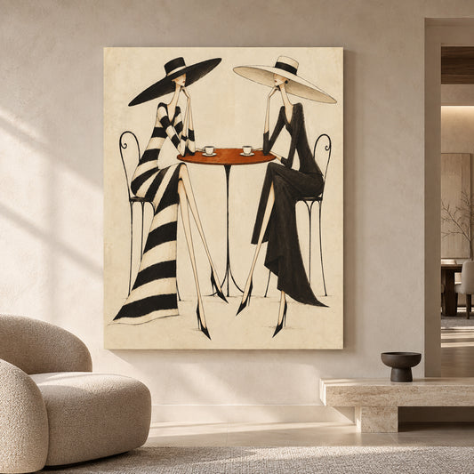 Fashion Cafe Canvas Art with Two Elegant Women in Black and White