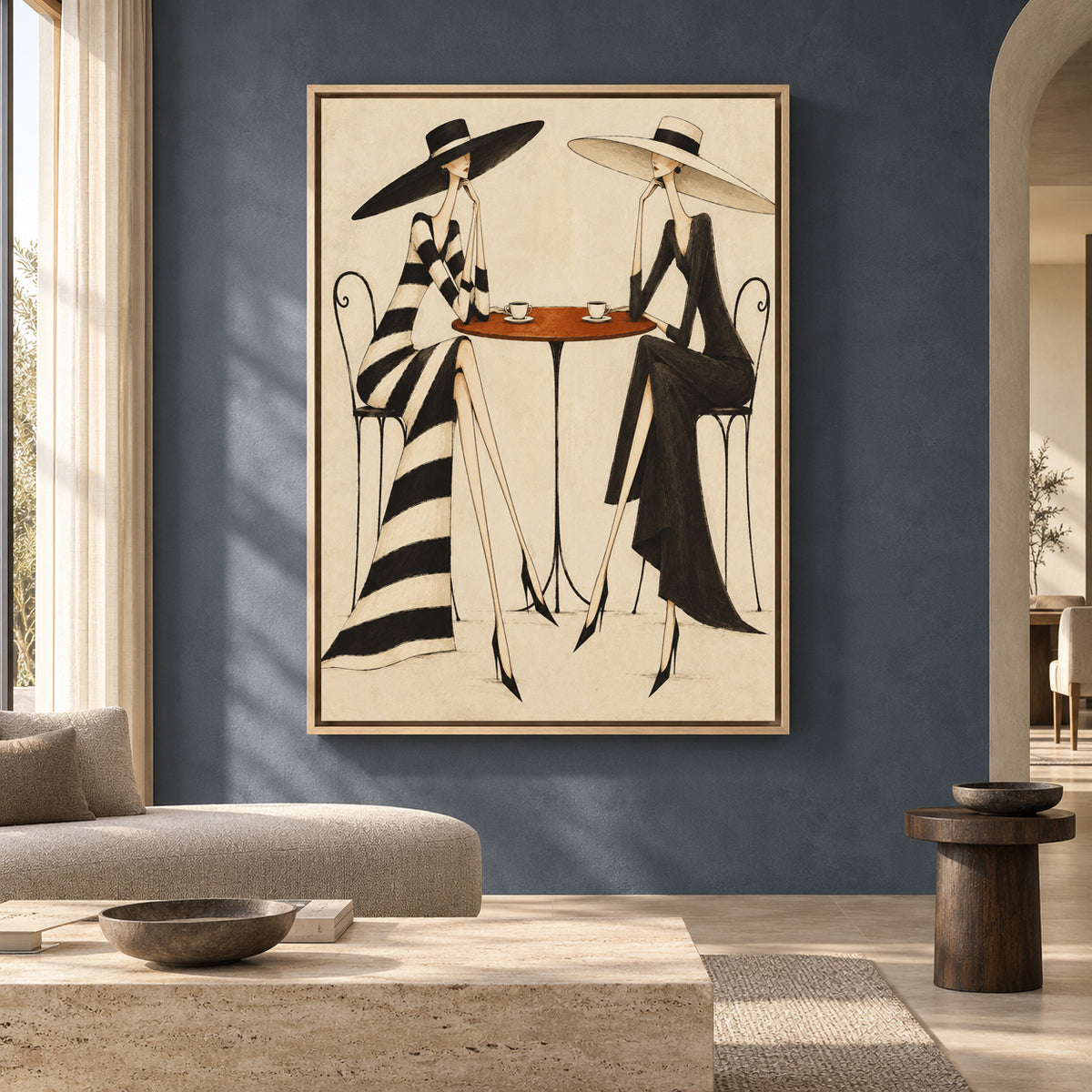 Fashion Cafe Canvas Art with Two Elegant Women in Black and White