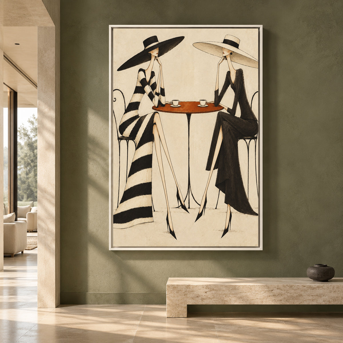 Fashion Cafe Canvas Art with Two Elegant Women in Black and White