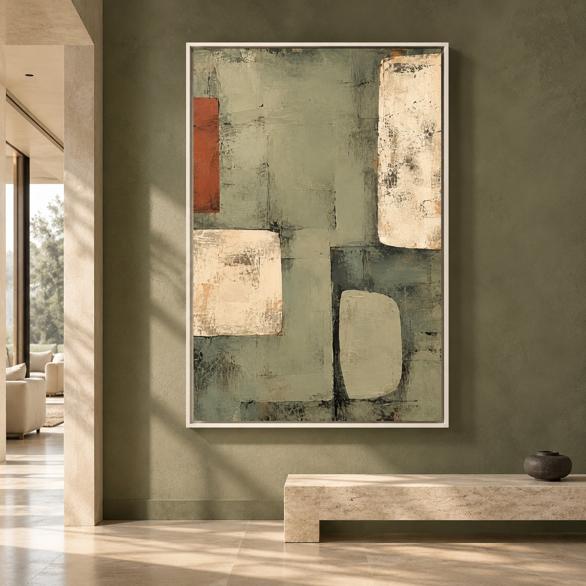 Sage Green Geometric Abstract Canvas Art for Modern Interiors