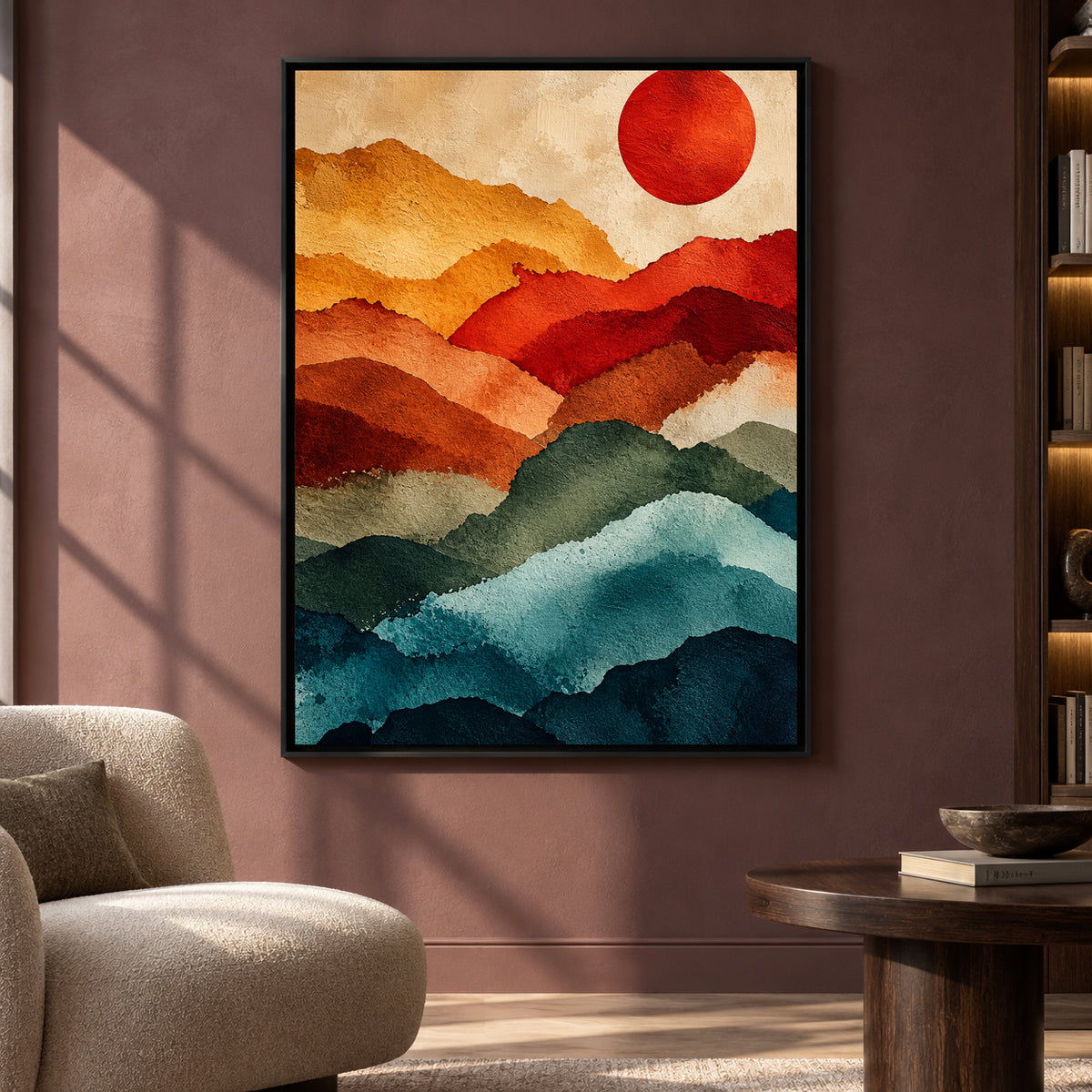 Layered Mountain Abstract Canvas Art with Red Sun