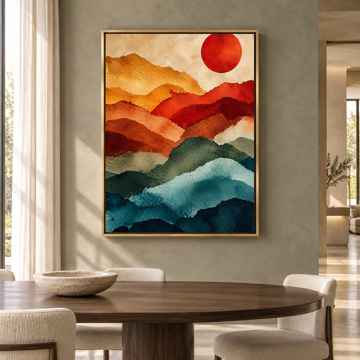 Layered Mountain Abstract Canvas Art with Red Sun