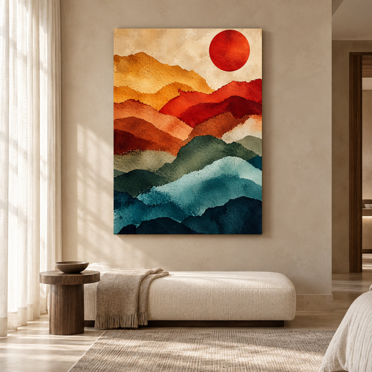 Layered Mountain Abstract Canvas Art with Red Sun