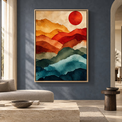 Layered Mountain Abstract Canvas Art with Red Sun