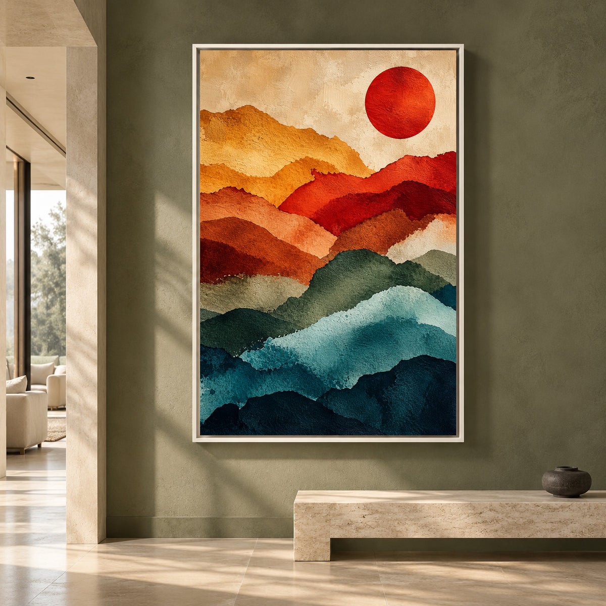Layered Mountain Abstract Canvas Art with Red Sun