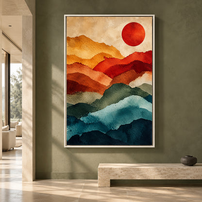 Layered Mountain Abstract Canvas Art with Red Sun