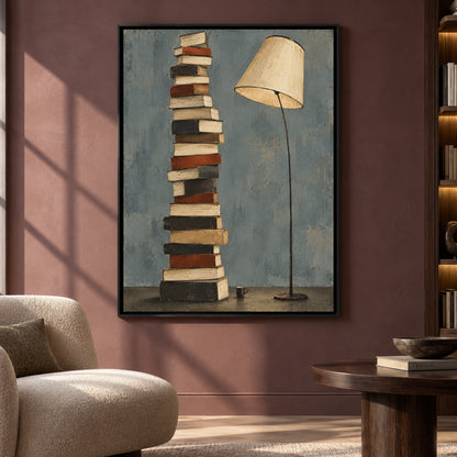 Stacked Books and Floor Lamp Modern Canvas Wall Art