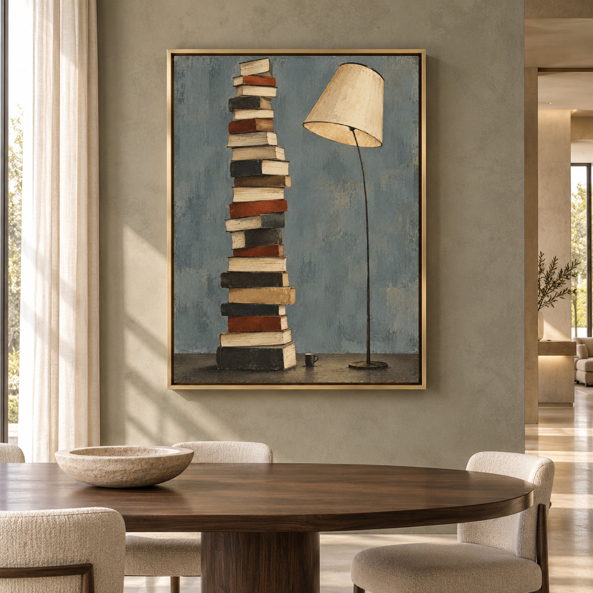 Stacked Books and Floor Lamp Modern Canvas Wall Art