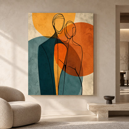Modern Figurative Line Art Canvas with Teal and Burnt Orange