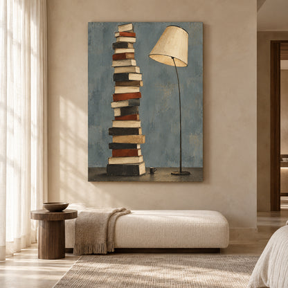 Stacked Books and Floor Lamp Modern Canvas Wall Art