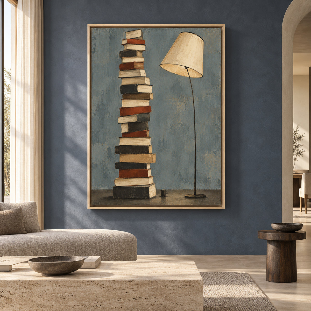 Stacked Books and Floor Lamp Modern Canvas Wall Art