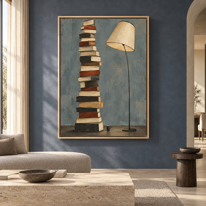 Stacked Books and Floor Lamp Modern Canvas Wall Art