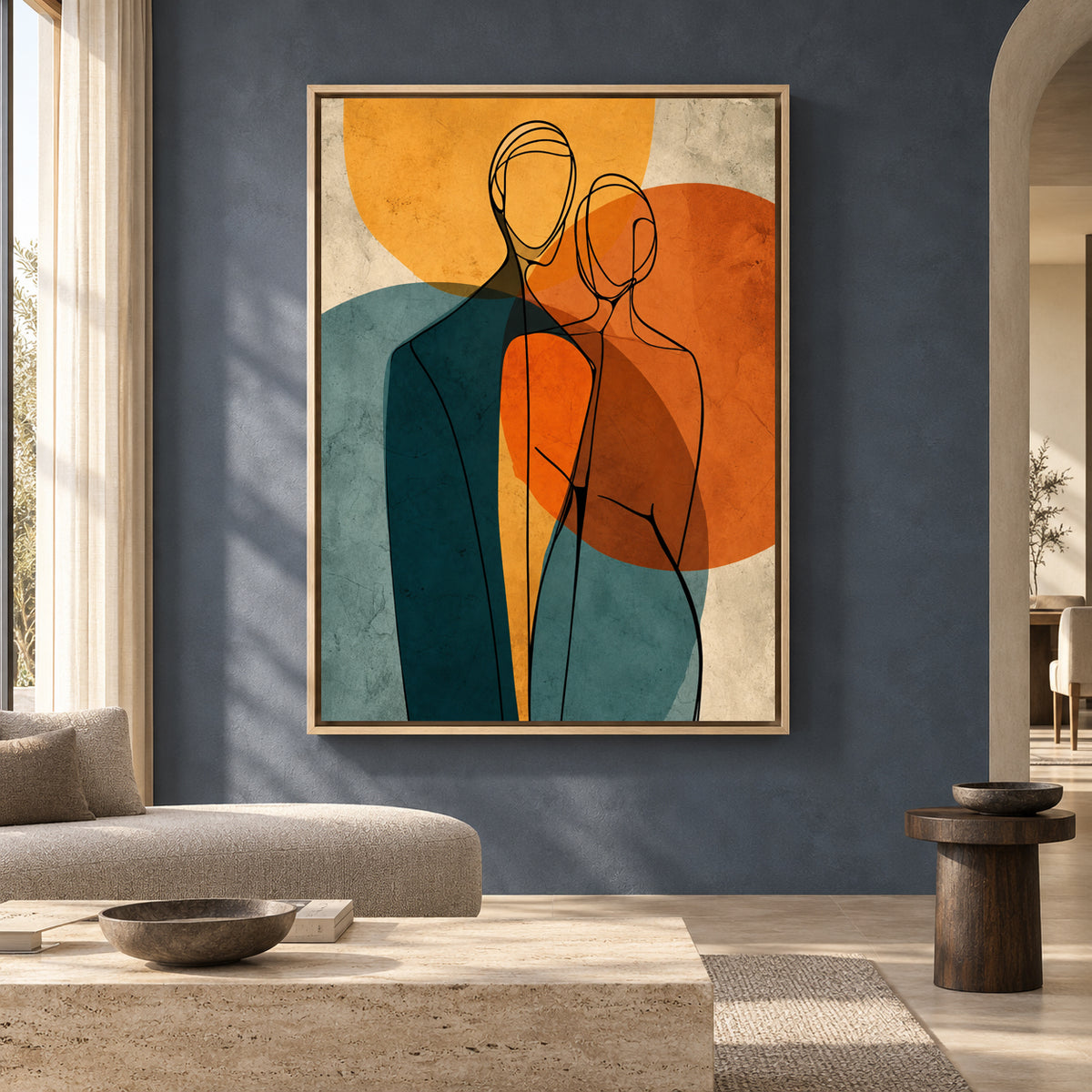 Modern Figurative Line Art Canvas with Teal and Burnt Orange